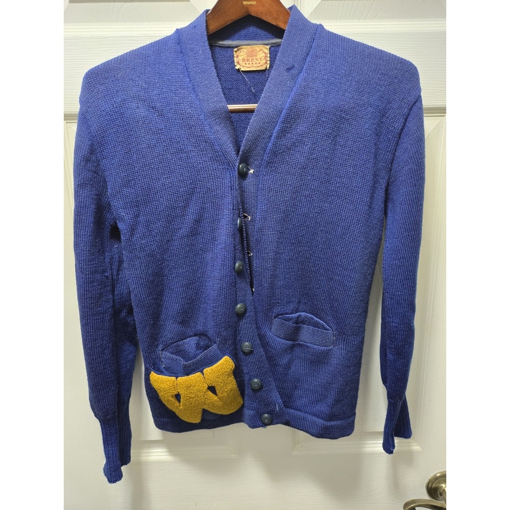 Vintage 40's Stadium Wool Knit Shaker Sweater Varsity Letterman Cardigan Blue